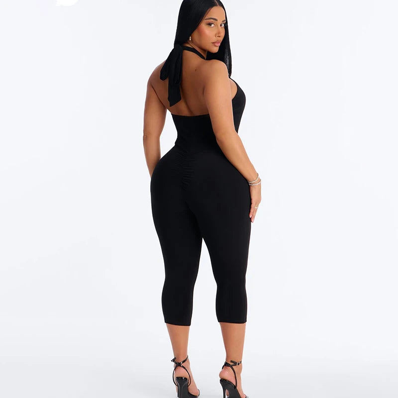 Sexy spicy girl style solid color hollow neck strap seven part jumpsuit