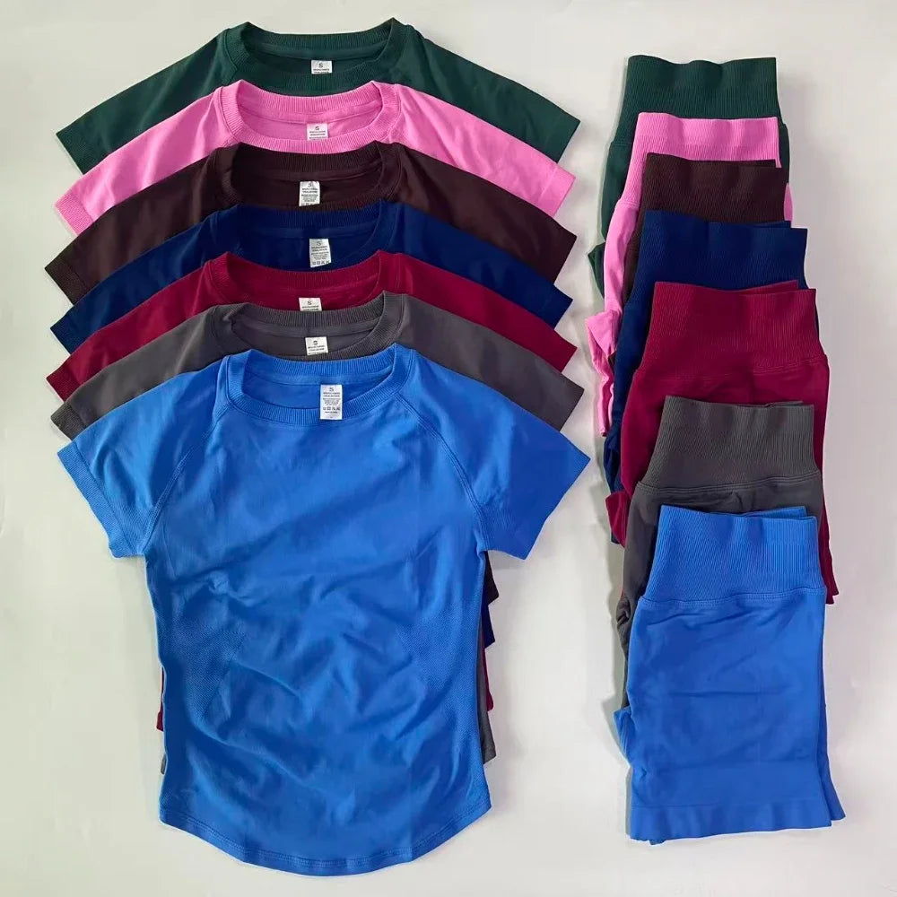 2 Piece Gym Set Women Outfit Longline Short Sleeve Gym Crop Top High Waist Workout Shorts Sports Suit Fitness Clothes Yoga Set