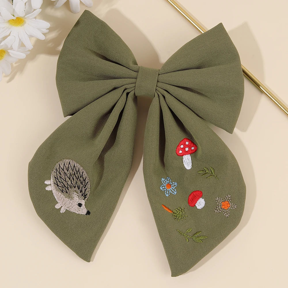 Cartoon Hedgehog Bow Hair Clip For Girls Elegant Handmade Flower Fox Embroidery Hairpins  New Trendy Headwear Hair Accessories