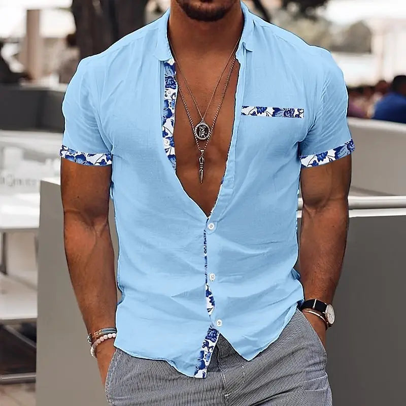 Fashionable Men's Hawaiian Shirt Men's Casual Solid Color Printed Beach Pocket Shirt Short Sleeve Large Size 5XL New Style Multi