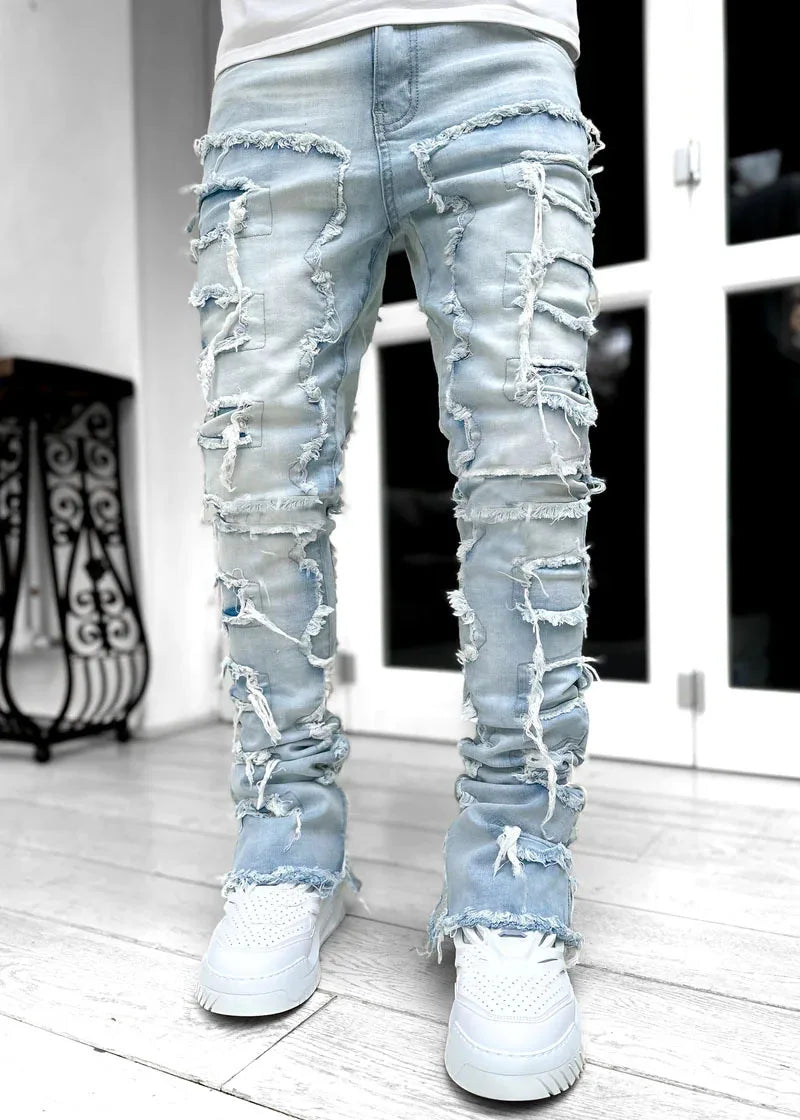 2026 New Men's Denim Straight-Leg Pants, European and American Street Fashion Ins Stretch Patch Denim Straight-Leg Pants