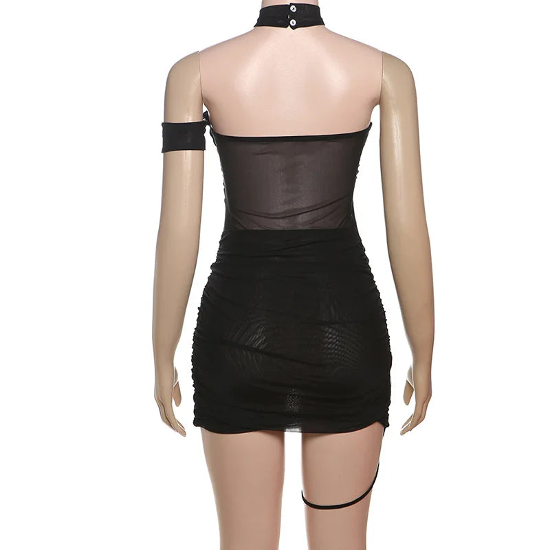 Leosoxs See Through Sexy Dress Women Y2K Cross Bandage Backless Halter Sleeveless Summer Trend Midnight Clubwear Mini Bodycon