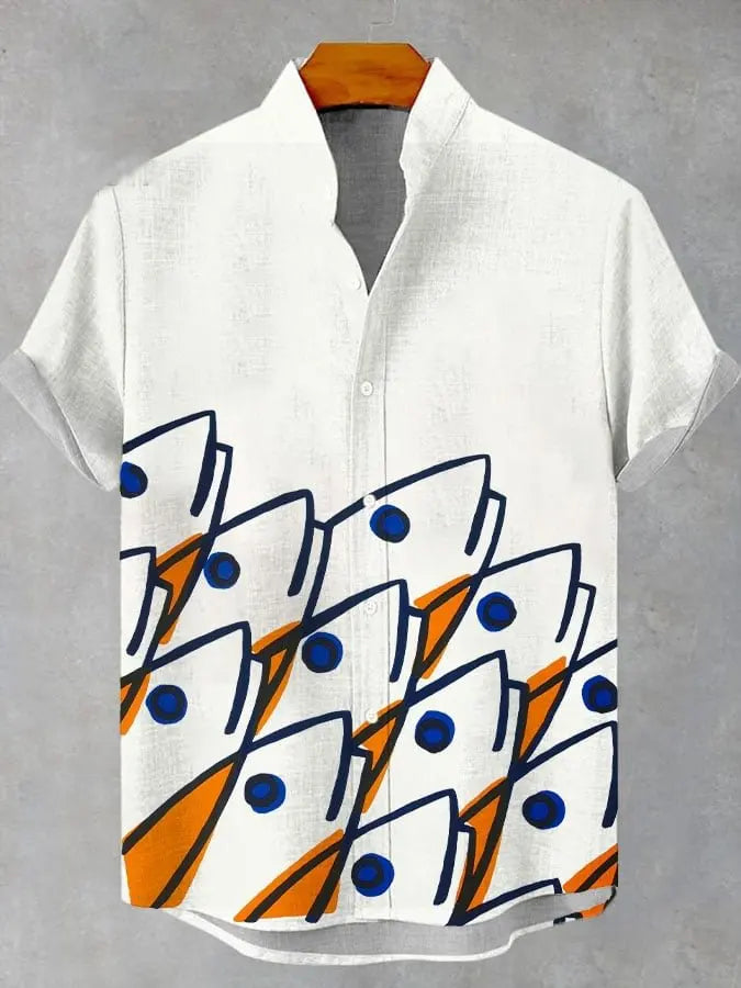 Men's Summer Casual Art Fish Pattern Printed Linen Short Sleeved Shirt, Comfortable And Fashionable Button Up Men's Top