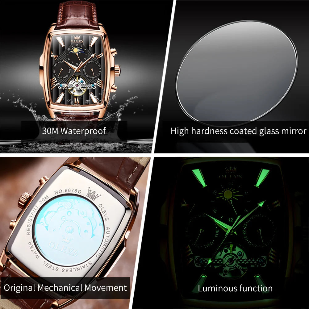 OLEVS 6675 Mens Watch Flywheel Multifunctional Chronograph Mechanical Watch Leather Strap Square Watches For Man High Quality