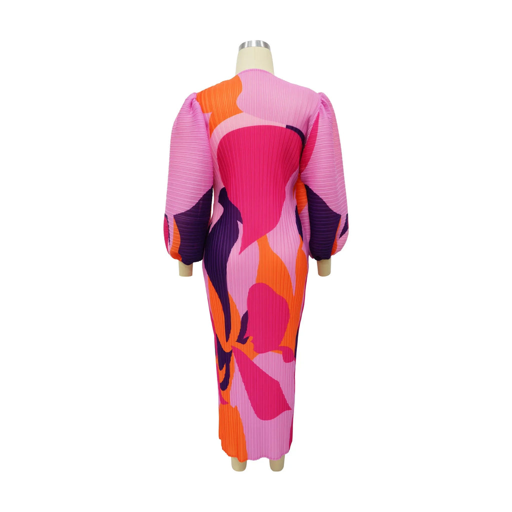 Elegant Women Pleated Half Lantern Sleeve O-neck Slim Maxi Long Dress Print Fashion Autumn 2025 Ruched Dresses Vestidos