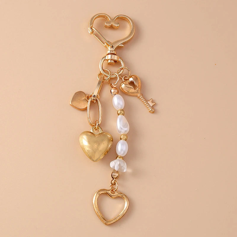 Cute Bowknot Love Heart Bag Charm Crystal Pearl Key Ring Pendants for Women Girls Handbag Accessories Decor DIY Handmade Gifts