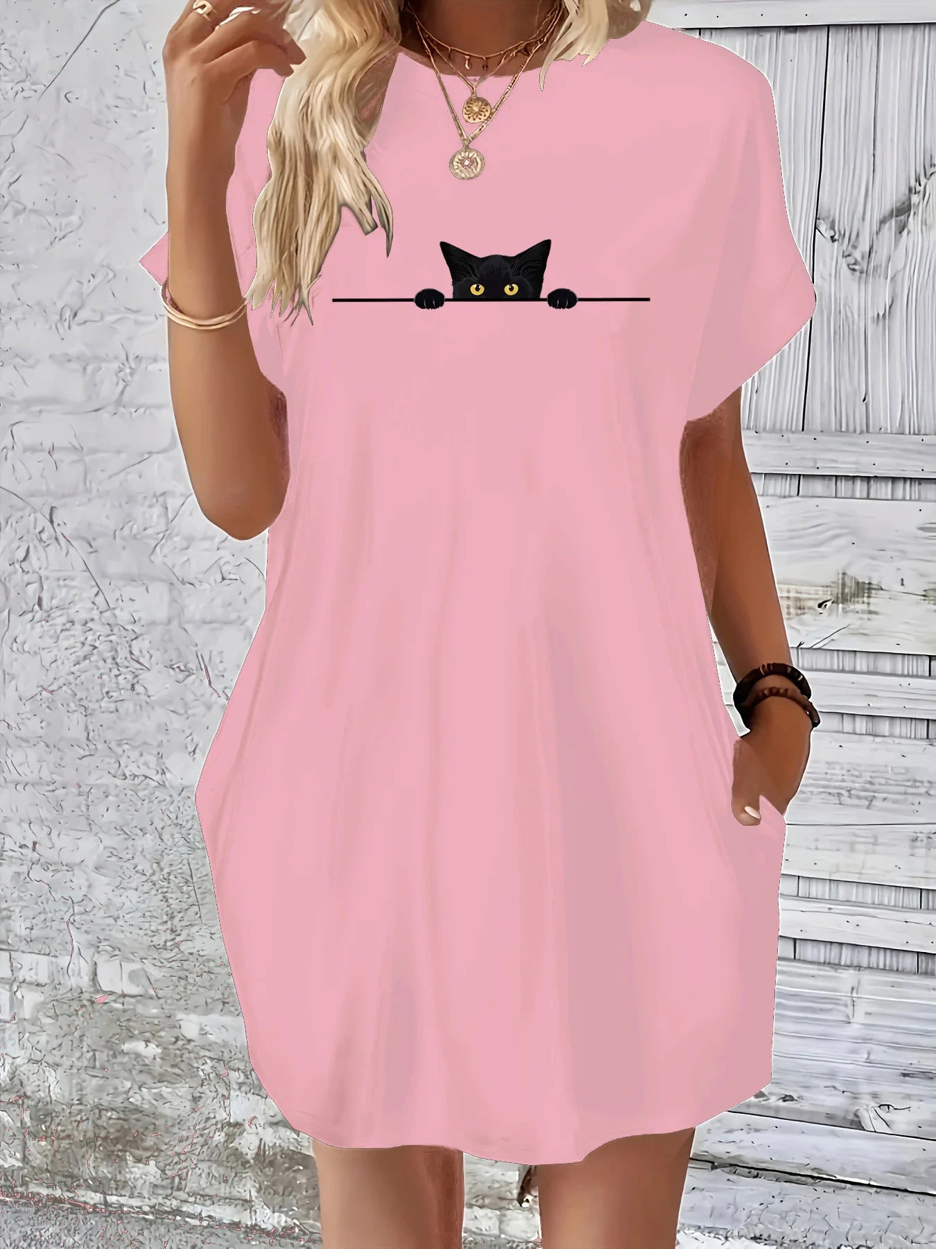 Women's Summer Loose Large Personalized Cat Pattern Printed Round Neck Short Sleeve Pocket Comfortable Casual Dress