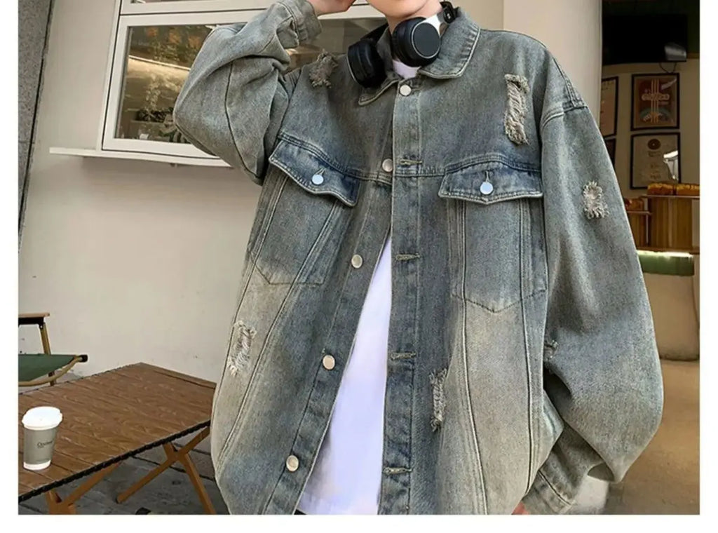 Washed Ripped Denim Jacket Men's 2026 Spring and Autumn Jacket Casual Trend