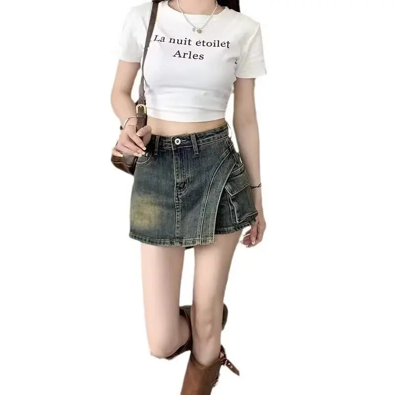 High Waist Retro Irregular Denim Skirt Pants Women's Summer New Spice Girl Versatile Short Skirt Pants