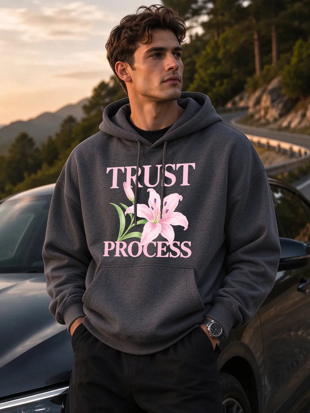 Trust Process Hibiscus Print Men Basic Hoody Casual Pocket Tops Hip Hop Loose Pullover Autumn Fleece Unisex Simple Long Sleeve