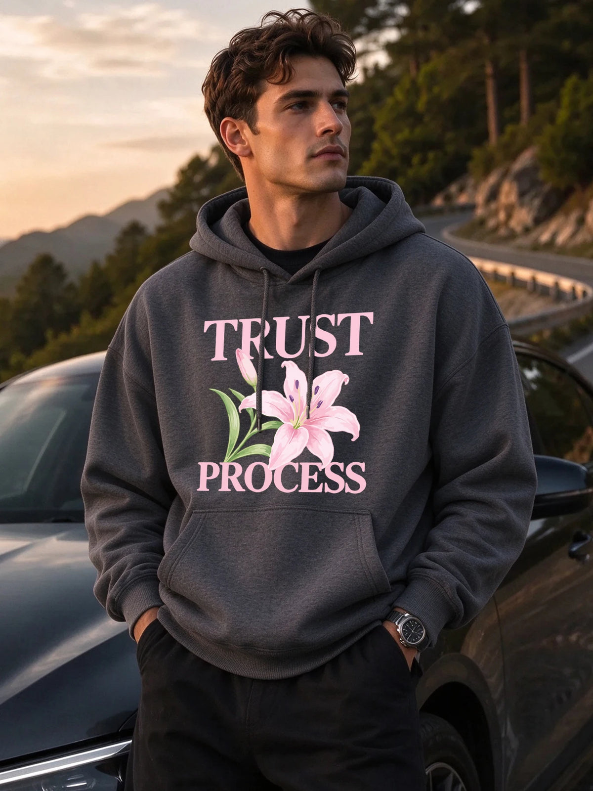 Trust Process Hibiscus Print Men Basic Hoody Casual Pocket Tops Hip Hop Loose Pullover Autumn Fleece Unisex Simple Long Sleeve