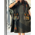 Travel Ethnic Style Artistic Embroidered Hooded Short-Sleeve Denim Dress Women Large Pockets Loose Dress LX5249