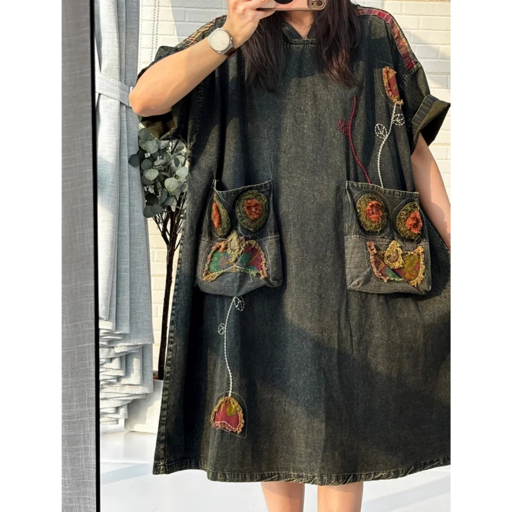 Travel Ethnic Style Artistic Embroidered Hooded Short-Sleeve Denim Dress Women Large Pockets Loose Dress LX5249