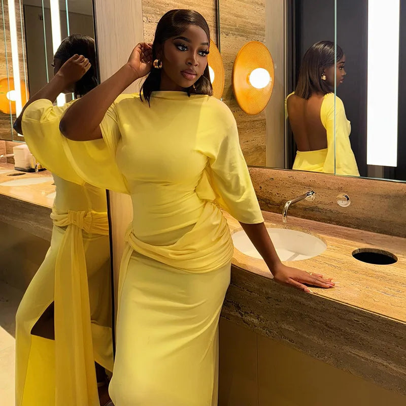 Joskaa Elegant O-Neck Half Sleeve Backless Ruched Slit Bodycon Maxi Dress for Woman 2025 Fall Birthday Evening Vacation Clubwear