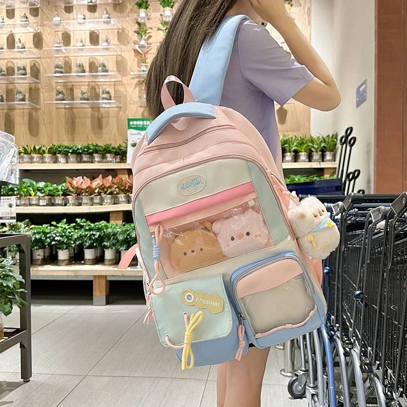 Women's Pastel Color Block Backpack Clear Display Pockets Plush Charm Bow Detail Adjustable Strap Casual Daily Itabag School Bag