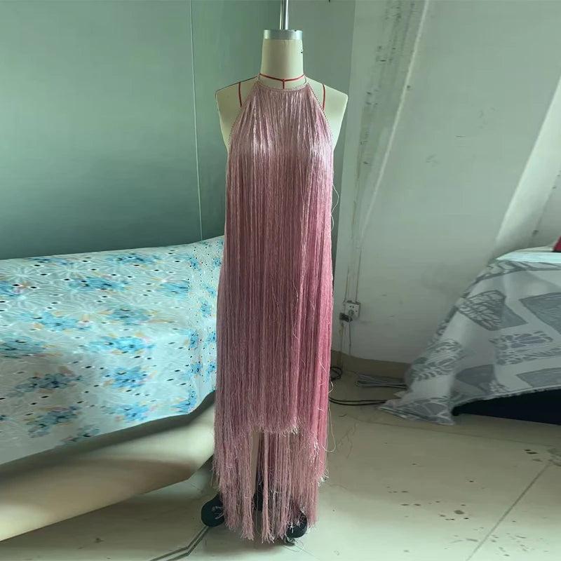 Party Women's Dress Halter Sleeveless Backless Tassel Solid Female Long Holiday Dresses 2026 Summer Fashion Elegant Lady Robe