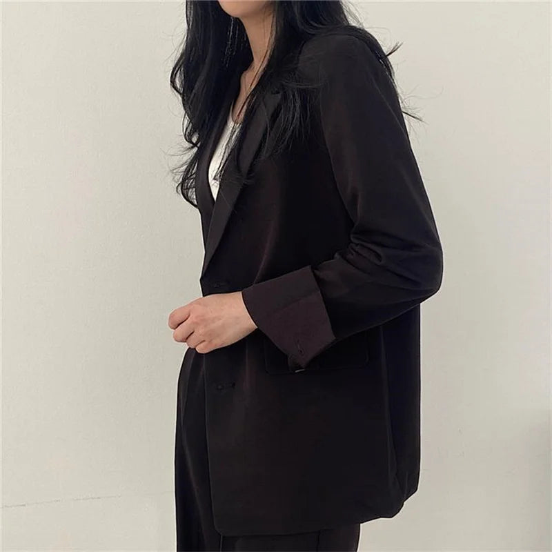 2026 Female Solid Color Blazer 2PCS Autumn Women Lapel Tops High Waist Outfit Korean Ladies Long Sleeves Suit Wide Leg Pants