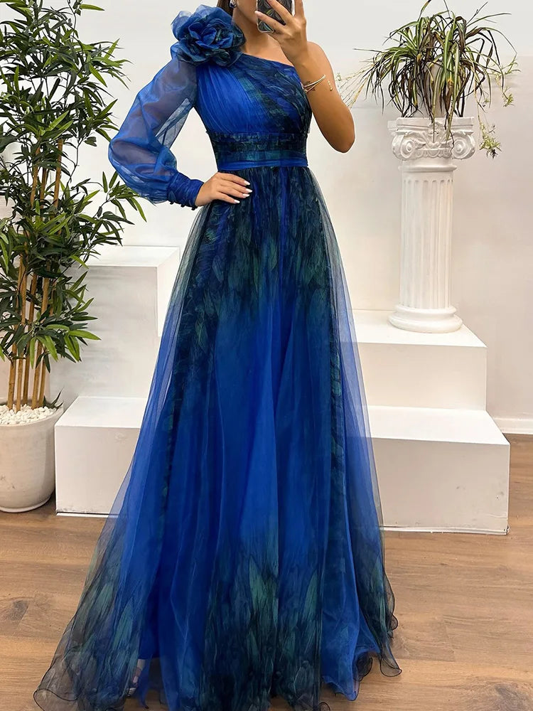 One Off Shoulder Fashion Simple Maxi Dress, Women Spring Autumn Skew Collar Chic Party Dress, Long Sleeve Patchwork Ladies Dress
