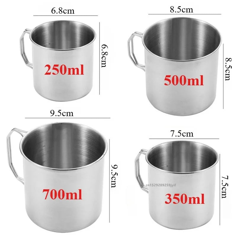 Stainless Steel Camping Cup 250/350/500/700ml Portable Mountaineering Cups With Foldable Handle Outdoor Water Mug Drinkware