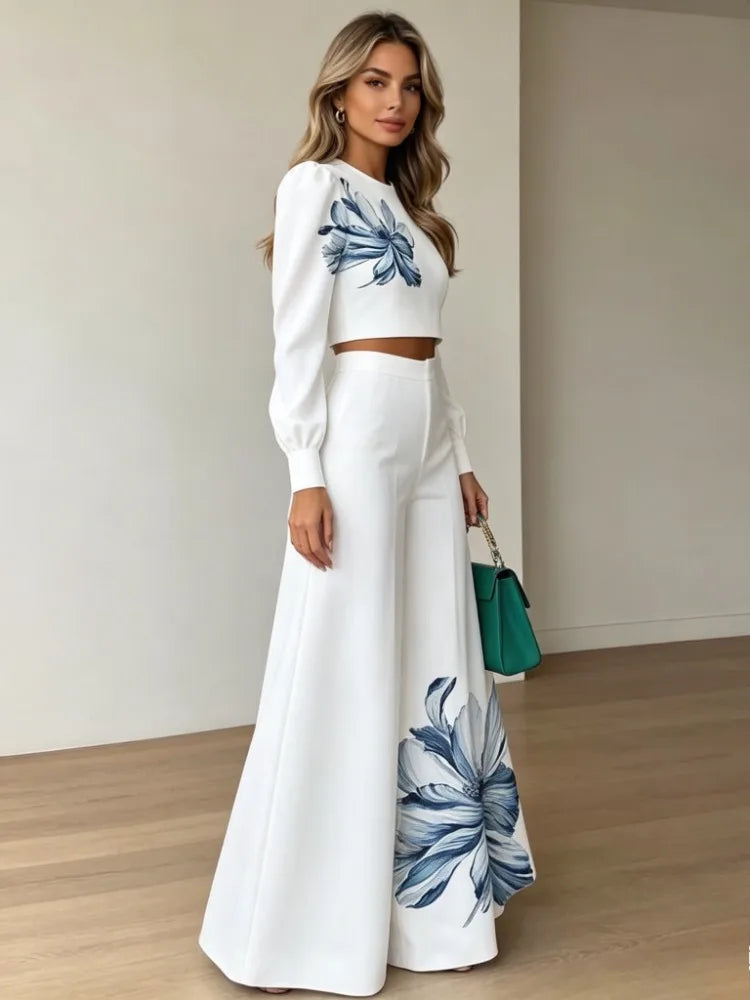 Krisstarsgirls Women's Elegant Floral Print 2 Piece Set 2026 Spring New Puff Sleeves Tops Wide Leg Pants Sets for Office Ladies