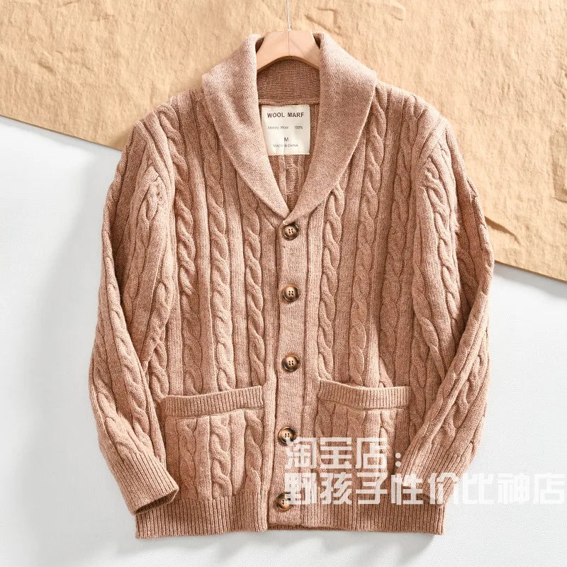 100% Wool Men's Scandinavian Style Shawl Collar Cardigan Nordic Knit Sweater Jacket for Autumn/Winter