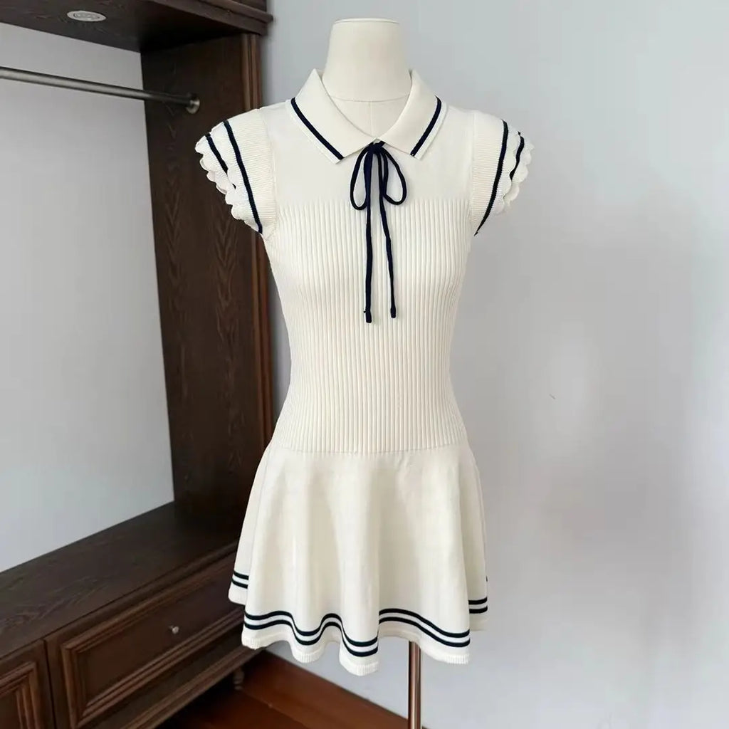 Women's White Short Sleeve Peter Pan Collar Bow Sundress Striped Hem Stretchy Ribbed Knit Mini Dress Casual Preppy Style Dress