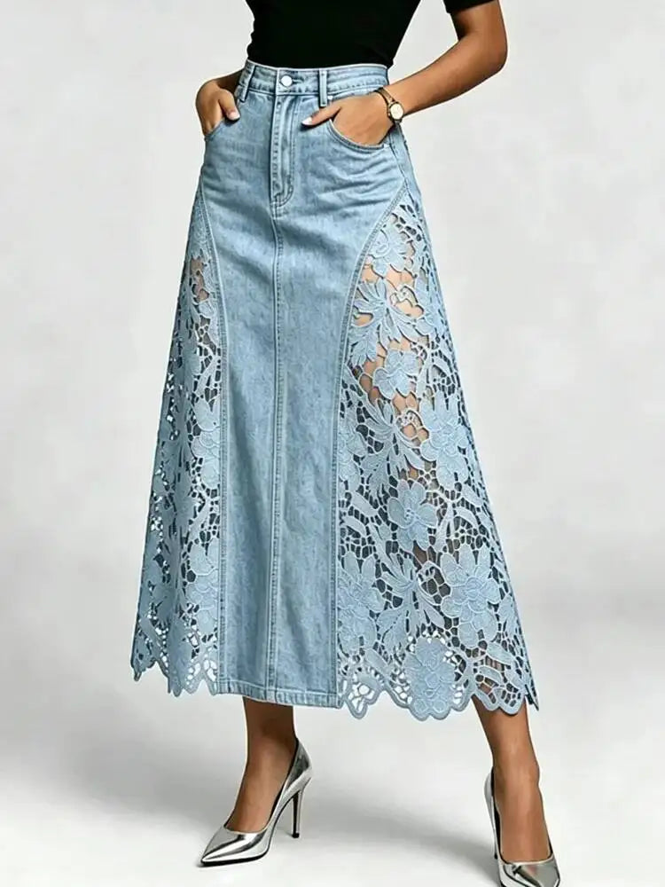 SHENGPALAE Women Denim Midi Skirt High Waist Bodycon Washed Lace Splicing Elegant Casual Floral Hollow Summer 2026 New 05E03125