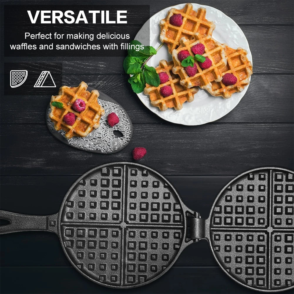 Cast Iron Waffle Maker Pan Non-Stick Waffle Iron Round Waffle Mold Waffle Cake Maker for Stovetop Or Grill
