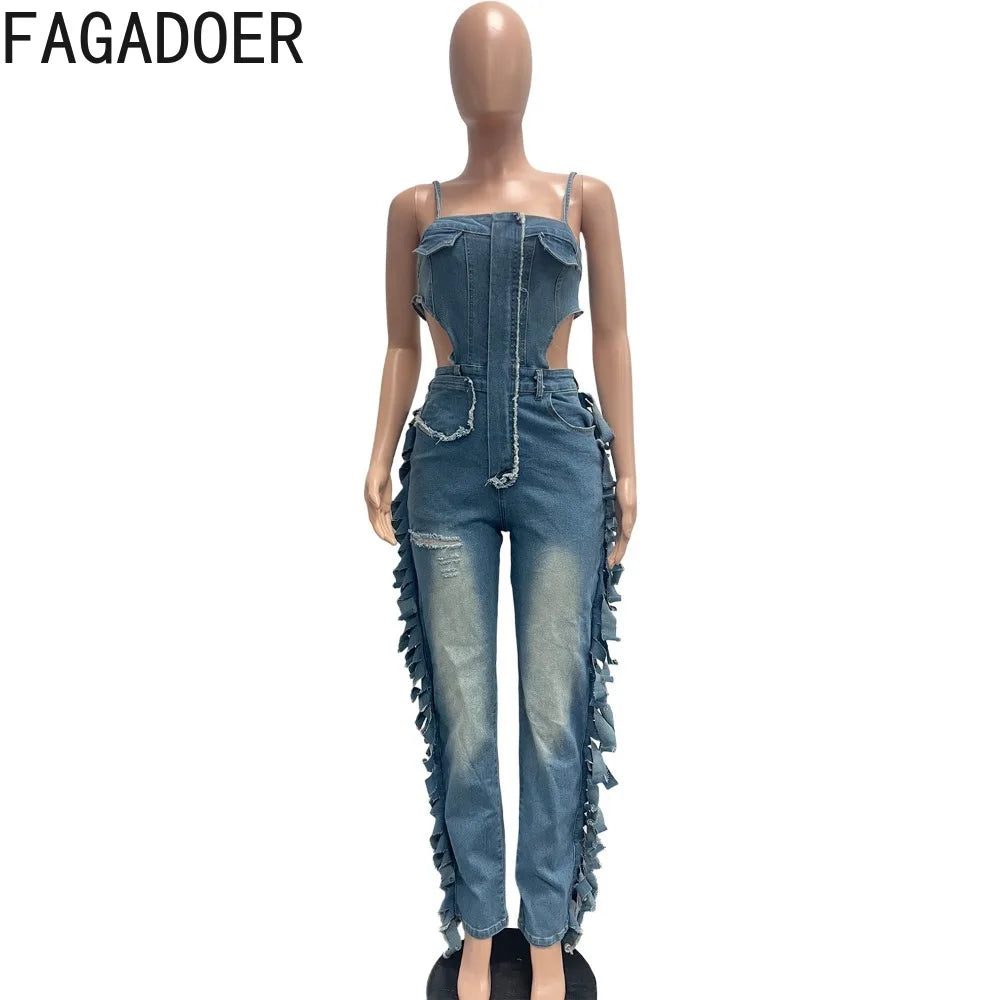 FAGADOER Fashion Hollow-out Bodycon Denim Jumpsuit Women Spaghetti Strap Tassel Patchwork Rompers Female Streetwear Overalls New