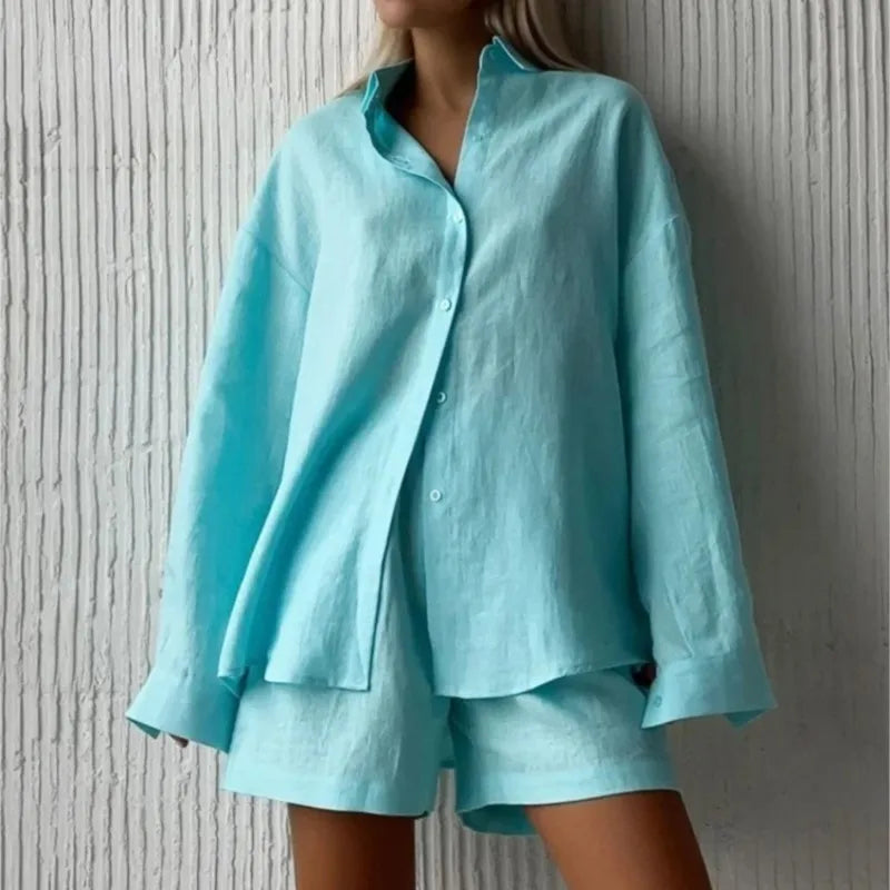 Women 2 Piece Shorts Set Casual Solid Loose Holiday Tracksuit Long Sleeve Cardigan And High Waist Female Shorts Sets 2025 Summer