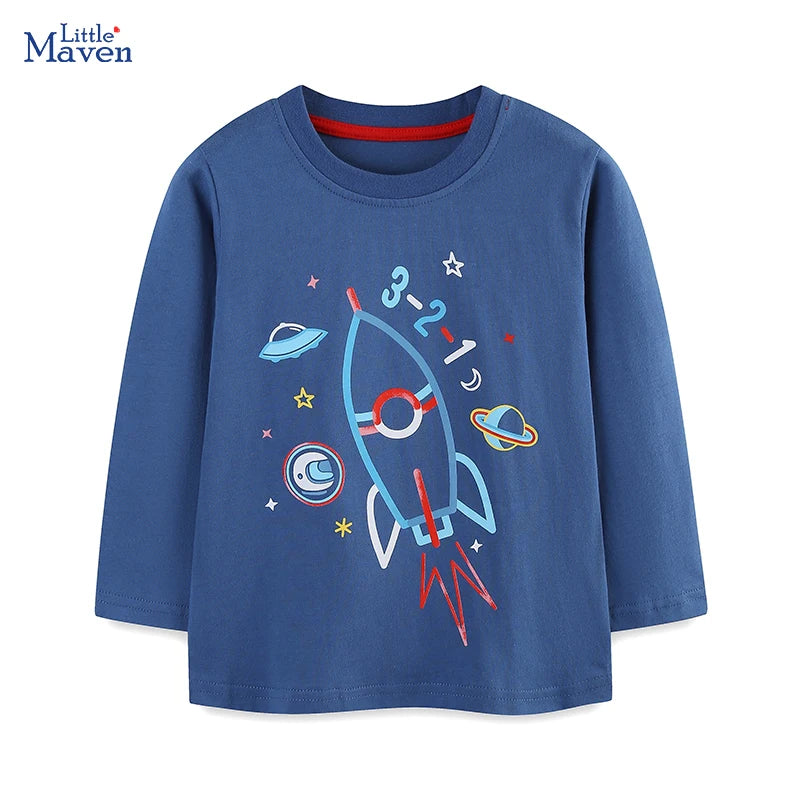 Little maven Autumn Spring Baby Boys Long Sleeve T Shirt Cartoon Rocket Boys T-Shirts Plane Tops Children's Costume Blue Tees