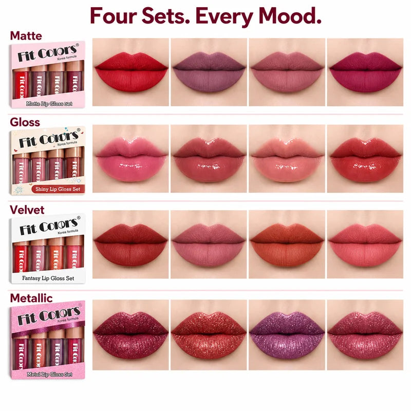 4 Color Lip Gloss Set for Women Matte Glossy Velvet or Metallic Glitter Liquid Lipstick Makeup Gift Kit for Daily and Party Wear