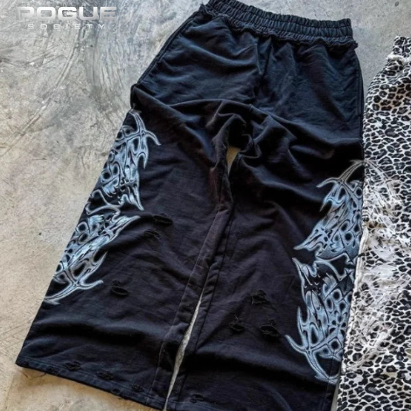 Summer Y2K Streetwear Leopard Print Wide Leg Pants Men Gothic Tribal Pattern Waist Casual High Stree Harajuku Hip Hop Trousers