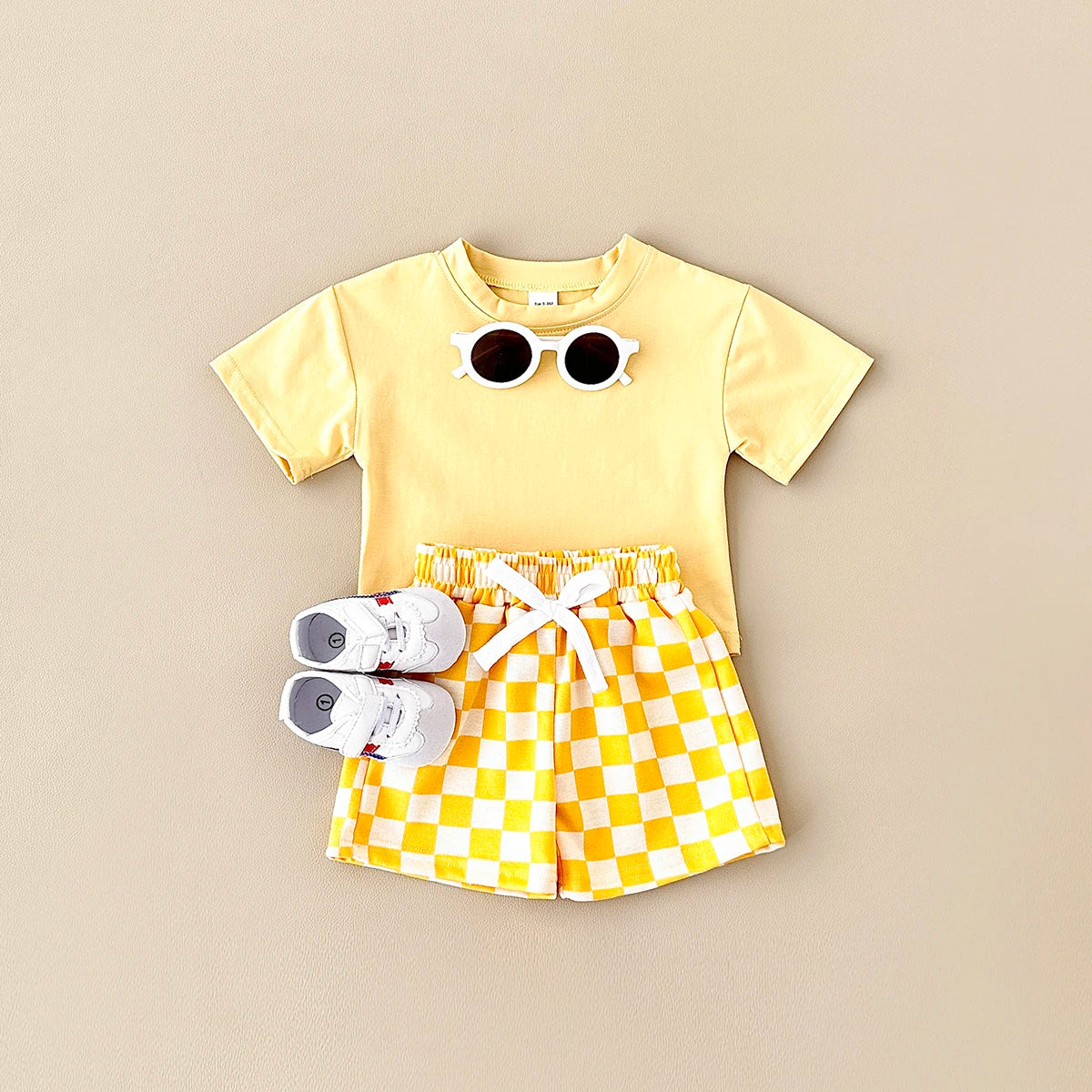 2PCS Kids Clothes Baby Boys Girls Solid Color Short Sleeve T-shirt Plaid Pattern Shorts Sets Baby Clothing Sets 0-3Y