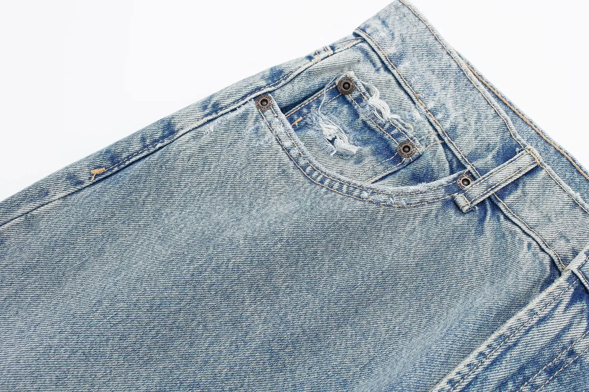 HH 2024 Women's Street Fashion Denim Blue Jeans Distressed Patchwork High Waist Zipper Fly Ripped Retro Long Pants