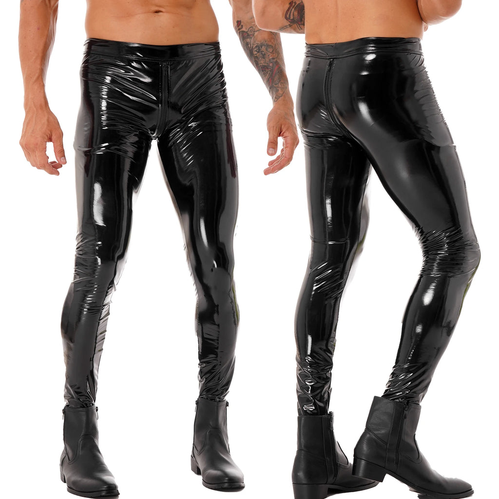 Men Latex Leather Pants Low Waist Faux Leather Shiny Pants Fashion Tight Trousers for Club Stage Show Rock Band Performance