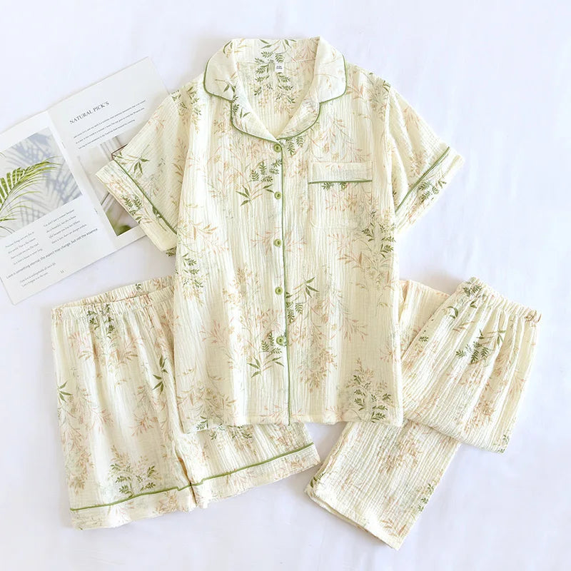 100% Gauze Cotton Summer Women Pajamas 3 Pieces Set  Female 2025 New Sleepwear Bedroom Set Short sleeved long pants + shorts