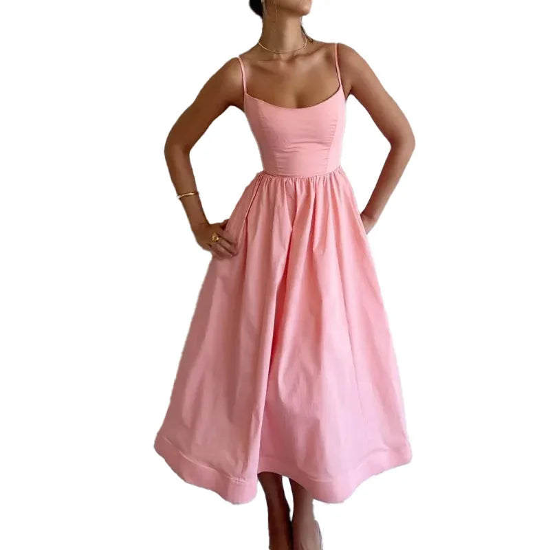 Summer Sexy Women's Strap Dr High Waist A-Line Midi Skirt No Sve Polyester Fabric Commute Sle Folded Drape Gown