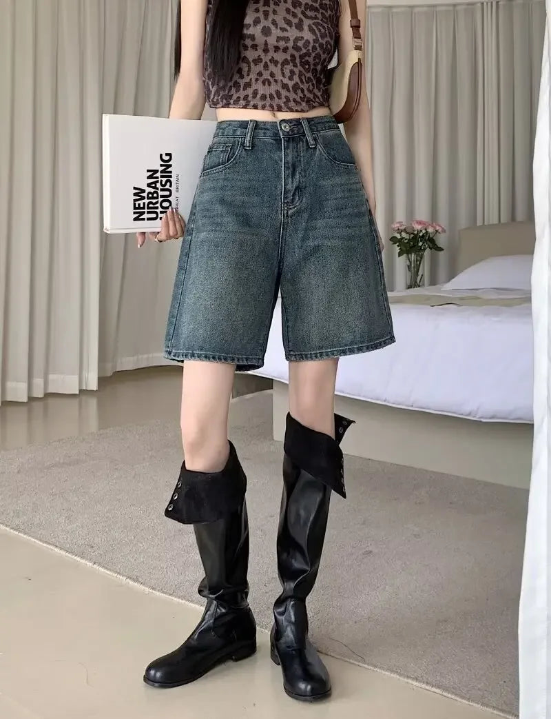 Summer High Waist Retro Jean Shorts for Women Loose Straight Denim Fashion Versatile Leisure Shorts Women's 2026