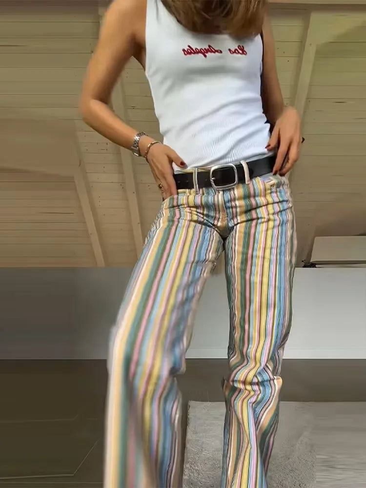 Multicolor Striped High Waisted Pants Straight Leg Retro Full Length Colorful Trousers 2026 Spring Casual Fashion Daily Wear