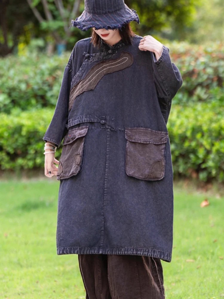 Amax LuluE Spring Chinese Womens Casual Oversized Patchwork Denim Dress Ladies Vintage Loose Fashion Vestidos Classic Clothing