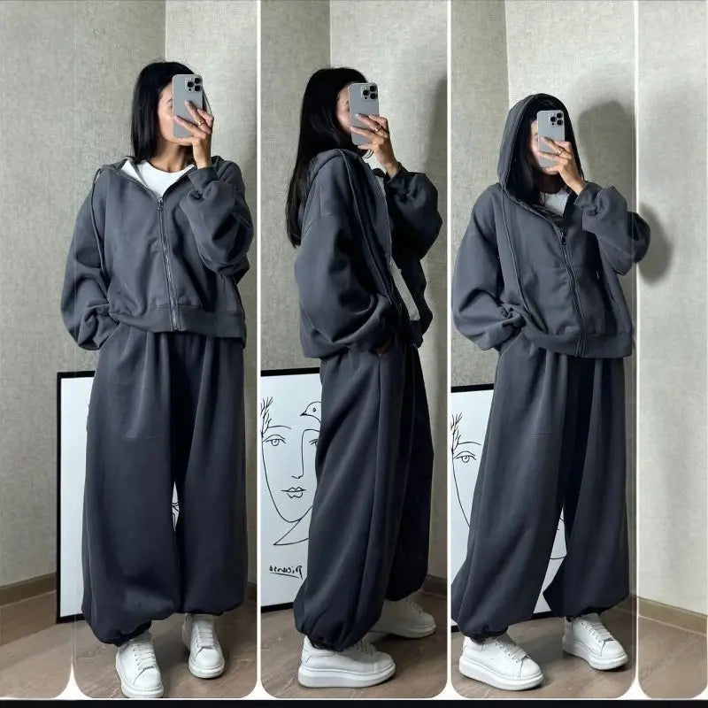 Women's Sports Suit Hooded Sweatshirt Tie Up Pants Two Piece Set Street Style Long Sleeve Solid Color Spring Fashion Outfit