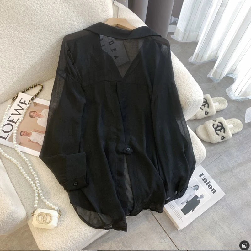Fashion Back Slit Chiffon Sun Protection Blouse Women Summer New Loose Thin Tops Y2K Korean Chic Long Sleeve Lapel Shirts