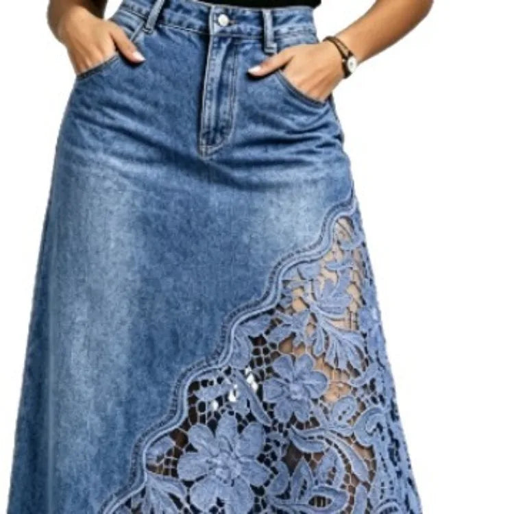 Women Denim Skirt Floral Lace Hollow Out Asymmetric Panel Skirt With Pockets Vintage Casual Irregular Hem Slim Jean Bottoms