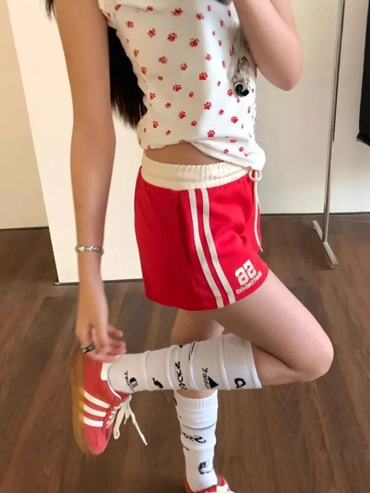 Casual Spicy Girl Striped Printed Drawstring Loose Shorts for Women, Korean Casual Versatile High Waisted Hot Pants for Summer