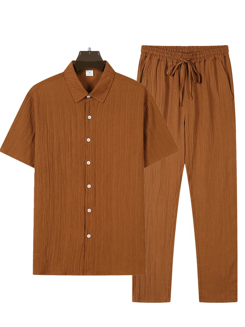 spring Summer Men Sets short-sleeve cardigan lapel shirt+trousers suit men's fashion 2 pieces tracksuit striped leisure suit