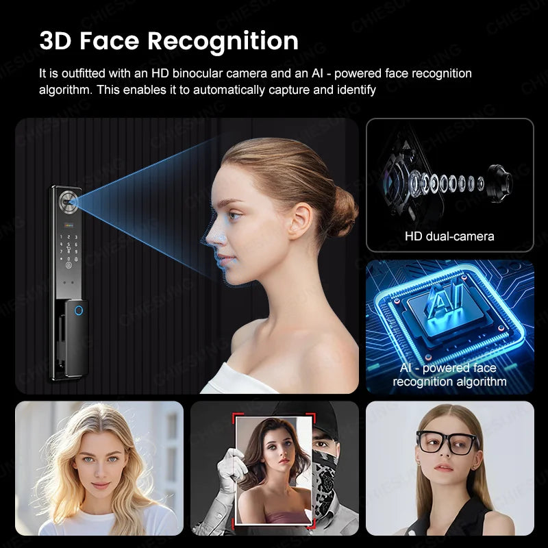 Wifi Tuya APP 3D Face Recognition Smart Door Lock With Camera Video Call Voice Intercom Digital Door Lock Automatic Door Lock