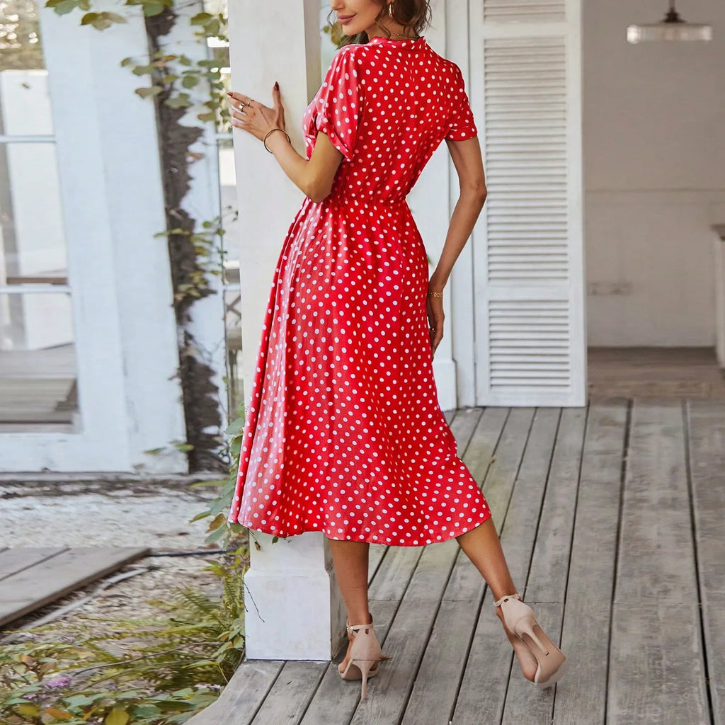 Elegant retro polka dot dress Women's Summer Midi Dress V Neck Single Breasted Short Sleeve Dresses Fashion Print Dress