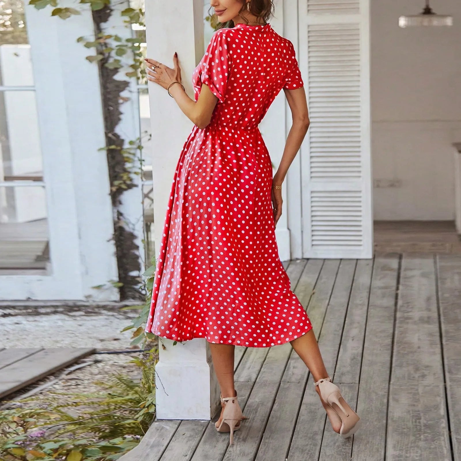 Elegant retro polka dot dress Women's Summer Midi Dress V Neck Single Breasted Short Sleeve Dresses Fashion Print Dress
