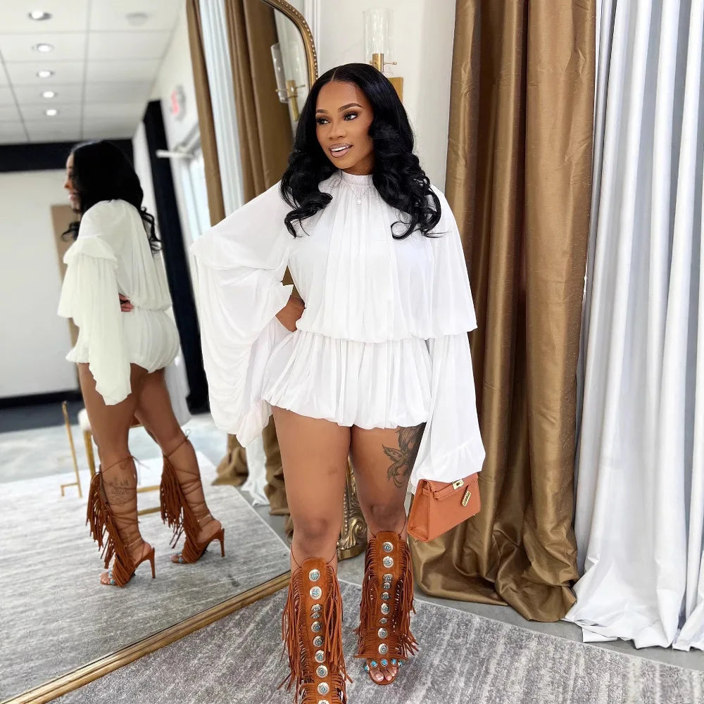 Two Piece Sets Women Shorts Lantern Sleeve Matching Sets Shirts Shorts Ruffles Pleated Suits Elegant Summer Y2k Streetwear Work